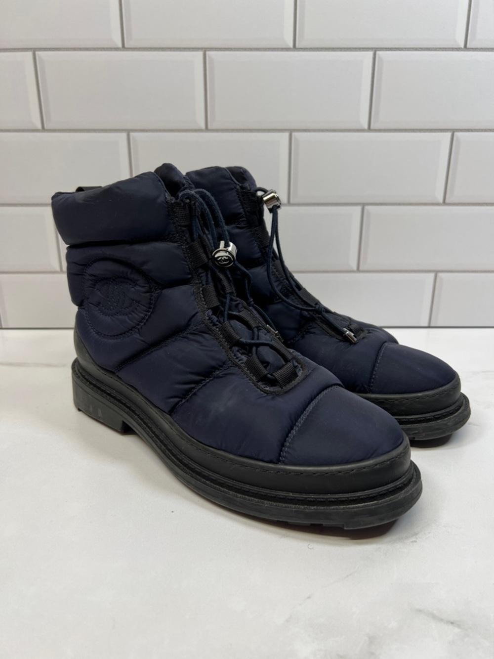 Chanel Winter Nylon Puffer Snow Ski Ankle Boot Boots Navy Black